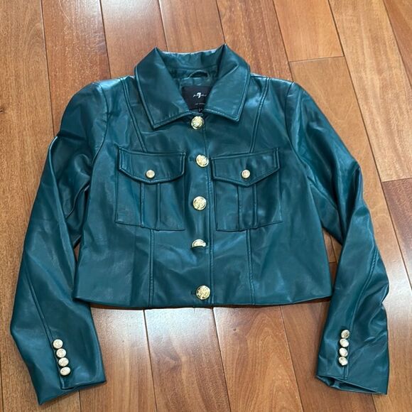 7 For All Mankind Womens Faux Leather Gold Button Up Crop Jacket Green Size L - Picture 1 of 9
